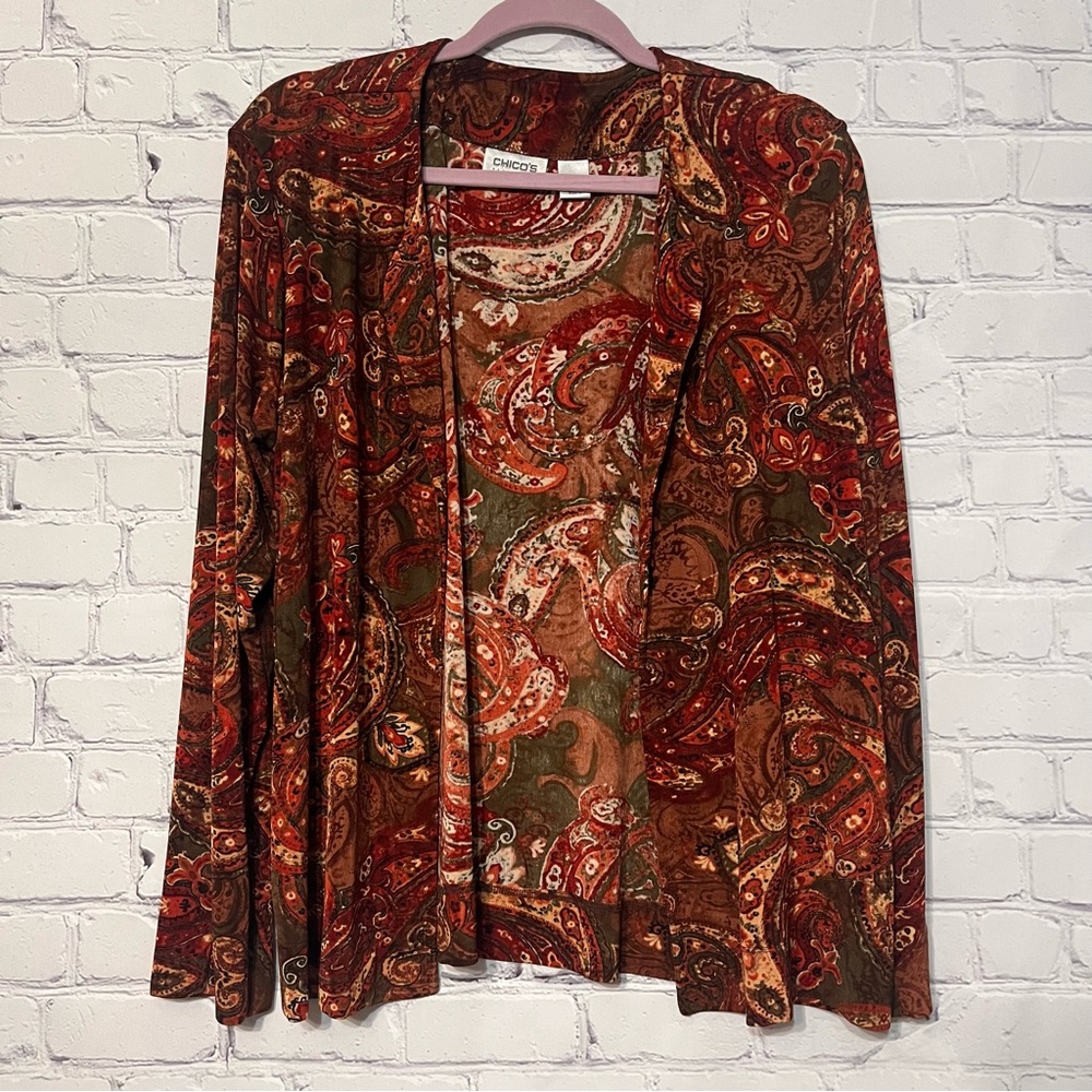 Chico's Travelers Size 3/XL Orange/Green/Brown Paisley Open Front Cardigan